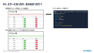 © 2025 NTT DATA Japan Corporation 29
#1 エラーになったり、ならなかったり？
（更新時にエラーが発生している画面）
（同じ画面、同じレコードでも成功することもある）
（エラー時のサーバ側ログ）
 