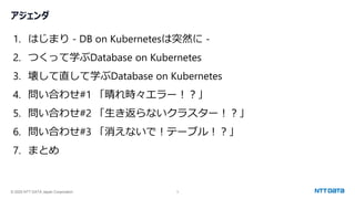 © 2025 NTT DATA Japan Corporation 3
アジェンダ
1. はじまり - DB on Kubernetesは突然に -
2. つくって学ぶDatabase on Kubernetes
3. 壊して直して学ぶDatabase on Kubernetes
4. 問い合わせ#1 「晴れ時々エラー！？」
5. 問い合わせ#2 「生き返らないクラスター！？」
6. 問い合わせ#3 「消えないで！テーブル！？」
7. まとめ
 