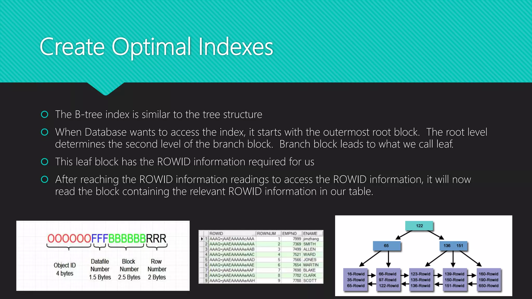 Create Optimal Indexes
 The B-tree index is similar to the tree structure
 When Database wants to access the index, it starts with the outermost root block. The root level
determines the second level of the branch block. Branch block leads to what we call leaf.
 This leaf block has the ROWID information required for us
 After reaching the ROWID information readings to access the ROWID information, it will now
read the block containing the relevant ROWID information in our table.
 