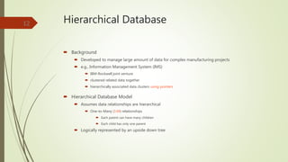Hierarchical Database
 Background
 Developed to manage large amount of data for complex manufacturing projects
 e.g., Information Management System (IMS)
 IBM-Rockwell joint venture
 clustered related data together
 hierarchically associated data clusters using pointers
 Hierarchical Database Model
 Assumes data relationships are hierarchical
 One-to-Many (1:M) relationships
 Each parent can have many children
 Each child has only one parent
 Logically represented by an upside down tree
12
 