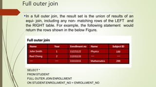 Full outer join
•In a full outer join, the result set is the union of results of an
equi- join, including any non- matching rows of the LEFT and
the RIGHT table. For example, the following statement would
return the rows shown in the below Figure.
SELECT *
FROM STUDENT
FULL OUTER JOIN ENROLLMENT
ON STUDENT.ENROLLMENT_NO = ENROLLMENT_NO
 