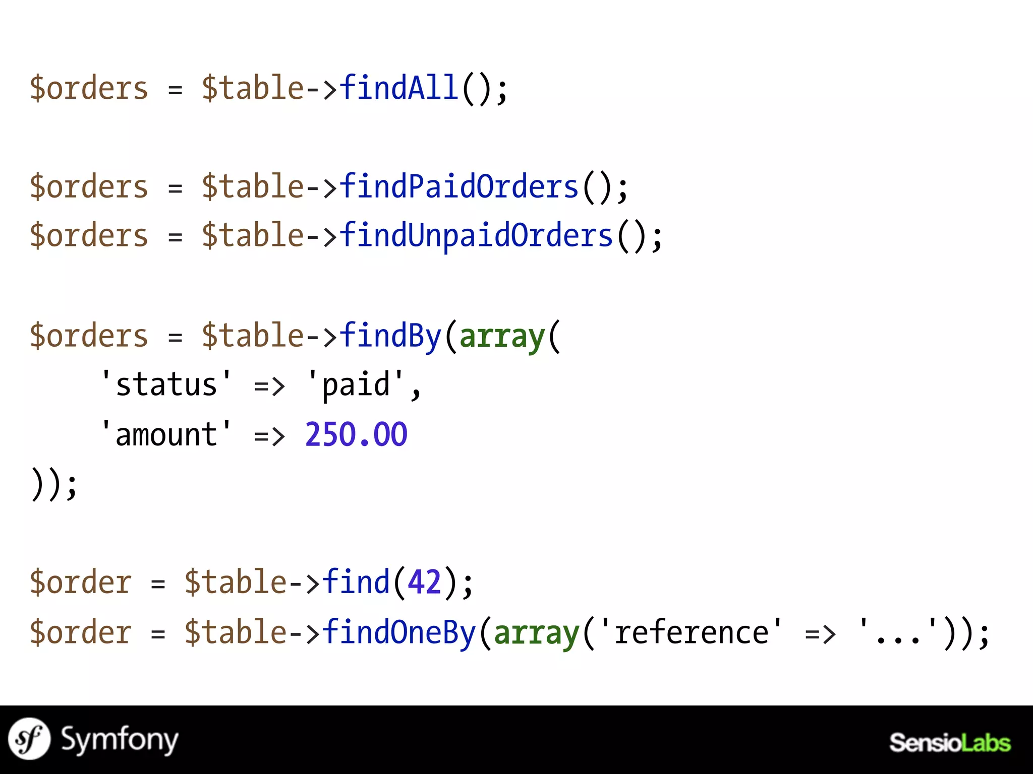 $orders = $table->findAll();

$orders = $table->findPaidOrders();
$orders = $table->findUnpaidOrders();

$orders = $table->findBy(array(
    'status' => 'paid',
    'amount' => 250.00
));

$order = $table->find(42);
$order = $table->findOneBy(array('reference' => '...'));
 