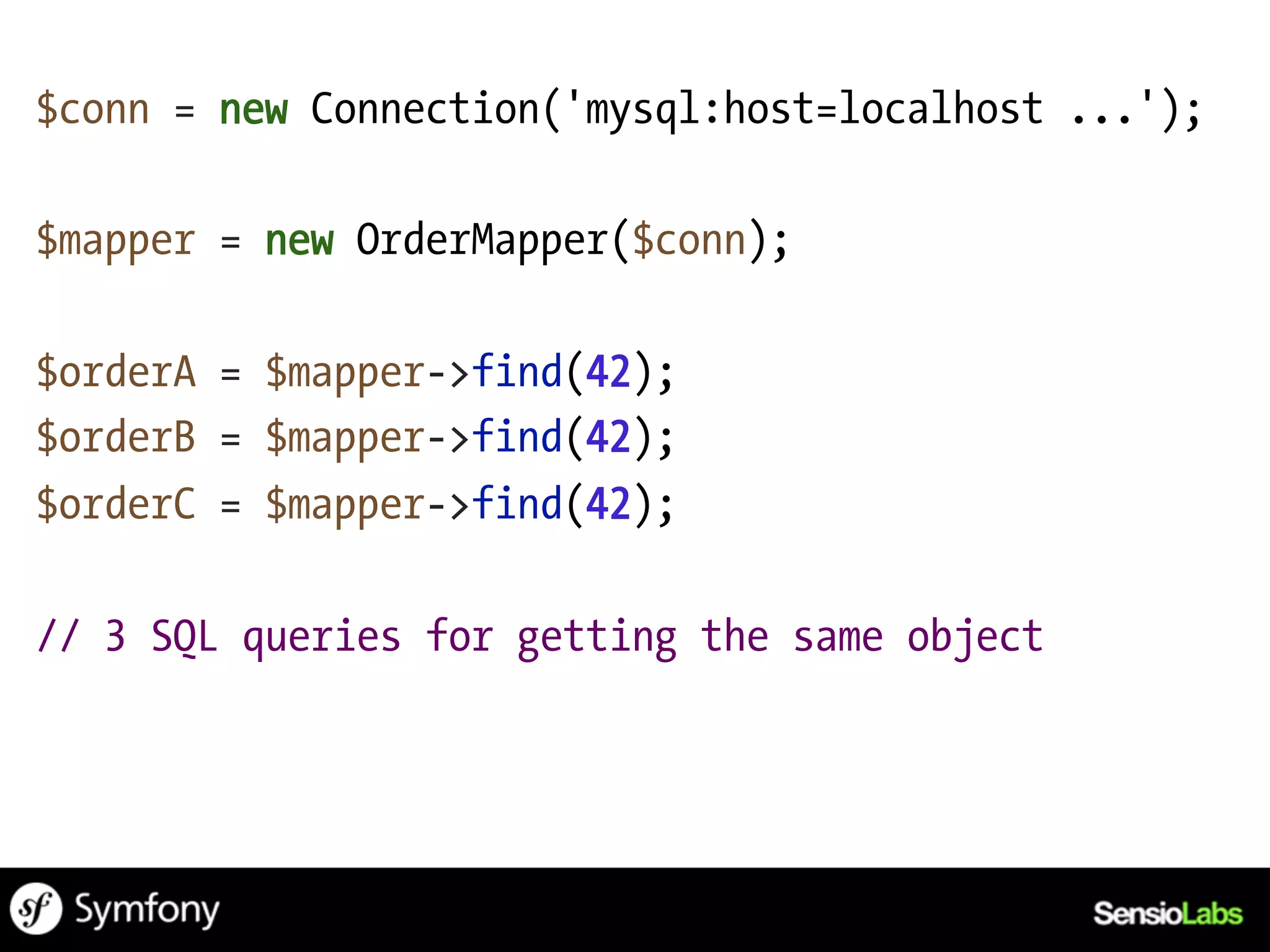 $conn = new Connection('mysql:host=localhost ...');

$mapper = new OrderMapper($conn);

$orderA = $mapper->find(42);
$orderB = $mapper->find(42);
$orderC = $mapper->find(42);

// 3 SQL queries for getting the same object
 
