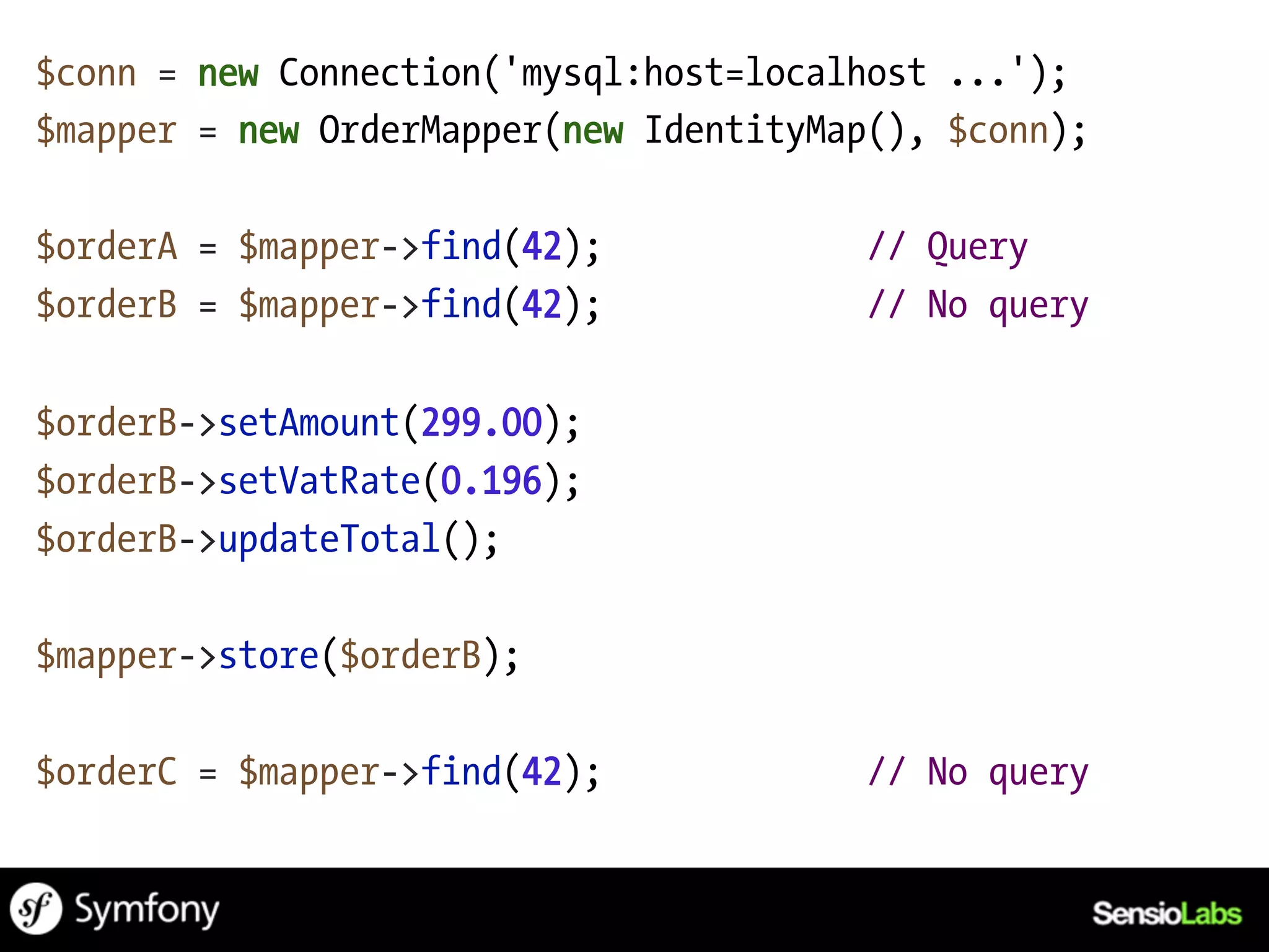 $conn = new Connection('mysql:host=localhost ...');
$mapper = new OrderMapper(new IdentityMap(), $conn);

$orderA = $mapper->find(42);            // Query
$orderB = $mapper->find(42);            // No query

$orderB->setAmount(299.00);
$orderB->setVatRate(0.196);
$orderB->updateTotal();

$mapper->store($orderB);

$orderC = $mapper->find(42);            // No query
 