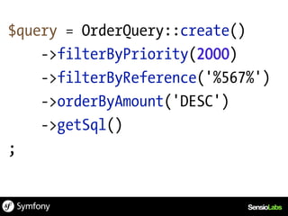 $query = OrderQuery::create()
    ->filterByPriority(2000)
    ->filterByReference('%567%')
    ->orderByAmount('DESC')
    ->getSql()
;
 