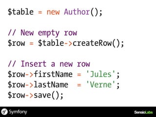 $table = new Author();

// New empty row
$row = $table->createRow();

// Insert a new row
$row->firstName = 'Jules';
$row->lastName = 'Verne';
$row->save();
 