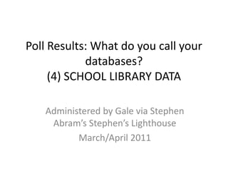 Poll Results: What do you call your databases?(4) SCHOOL LIBRARY DATA Administered by Gale via Stephen Abram’s Stephen’s Lighthouse March/April 2011 