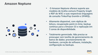 © 2018, Amazon Web Services, Inc. or its Affiliates. All rights reserved. Amazon Confidential and Trademark
Amazon Neptune
• O Amazon Neptune oferece suporte aos
modelos de Grafos comuns Property Graph
e RDF do W3C e suas respectivas linguagens
de consulta TinkerPop Gremlin e SPARQL.
• Altamente disponível, com réplicas de
leitura, recuperação point-in-time, backup
contínuo para o Amazon S3 e replicação em
3 zonas de disponibilidade.
• Totalmente gerenciado. Não precisa se
preocupar com tarefas de gerenciamento de
banco de dados: provisionamento de
hardware, correção de software, instalação,
configuração ou backups.
 