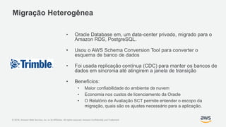 © 2018, Amazon Web Services, Inc. or its Affiliates. All rights reserved. Amazon Confidential and Trademark
Migração Heterogênea
• Oracle Database em, um data-center privado, migrado para o
Amazon RDS, PostgreSQL.
• Usou o AWS Schema Conversion Tool para converter o
esquema de banco de dados
• Foi usada replicação contínua (CDC) para manter os bancos de
dados em sincronia até atingirem a janela de transição
• Benefícios:
• Maior confiabilidade do ambiente de nuvem
• Economia nos custos de licenciamento da Oracle
• O Relatório de Avaliação SCT permite entender o escopo da
migração, quais são os ajustes necessário para a aplicação.
 