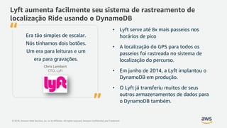 © 2018, Amazon Web Services, Inc. or its Affiliates. All rights reserved. Amazon Confidential and Trademark
Lyft aumenta facilmente seu sistema de rastreamento de
localização Ride usando o DynamoDB
Era tão simples de escalar.
Nós tínhamos dois botões.
Um era para leituras e um
era para gravações.
Chris Lambert
CTO, Lyft
”
“ • Lyft serve até 8x mais passeios nos
horários de pico
• A localização do GPS para todos os
passeios foi rastreada no sistema de
localização do percurso.
• Em junho de 2014, a Lyft implantou o
DynamoDB em produção.
• O Lyft já transferiu muitos de seus
outros armazenamentos de dados para
o DynamoDB também.
 