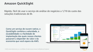 © 2018, Amazon Web Services, Inc. or its Affiliates. All rights reserved. Amazon Confidential and Trademark
Como um serviço de nuvem nativo, o
QuickSight combina a velocidade, a
escalabilidade e a facilidade de
implantação das quais nossos clientes
passaram a depender do valor e da
economia que você espera da AWS.
Amazon QuickSight
Rápido, fácil de usar o serviço de análise de negócios a 1/10 do custo das
soluções tradicionais de BI.
 