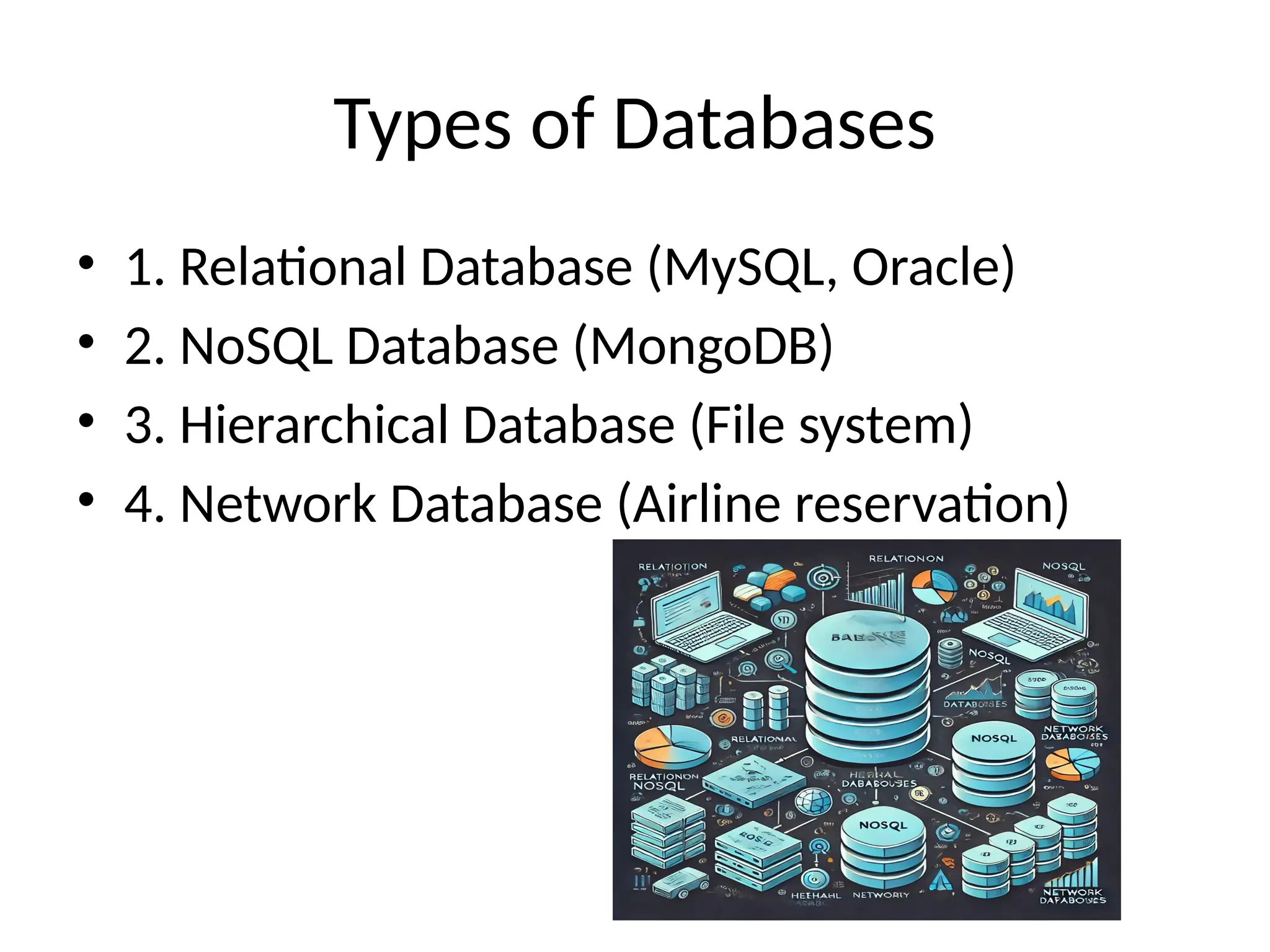 Types of Databases
• 1. Relational Database (MySQL, Oracle)
• 2. NoSQL Database (MongoDB)
• 3. Hierarchical Database (File system)
• 4. Network Database (Airline reservation)
 