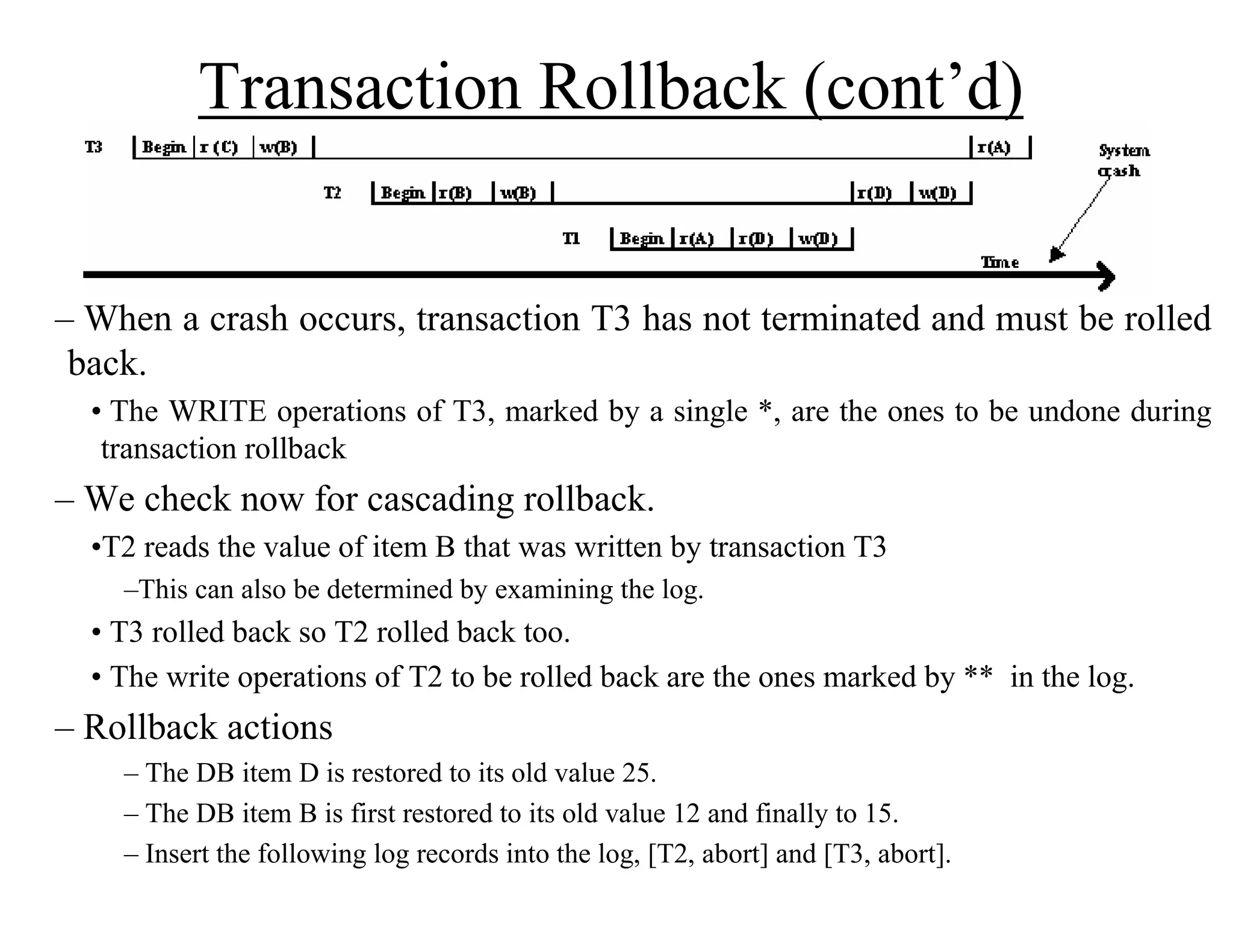 Transaction Rollback (cont’d)
– When a crash occurs, transaction T3 has not terminated and must be rolled
back.
• The WRITE operations of T3, marked by a single *, are the ones to be undone during
transaction rollback
– We check now for cascading rollback.
•T2 reads the value of item B that was written by transaction T3
–This can also be determined by examining the log.
• T3 rolled back so T2 rolled back too.
• The write operations of T2 to be rolled back are the ones marked by ** in the log.
– Rollback actions
– The DB item D is restored to its old value 25.
– The DB item B is first restored to its old value 12 and finally to 15.
– Insert the following log records into the log, [T2, abort] and [T3, abort].
 