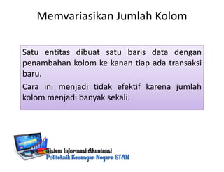 Memvariasikan Jumlah Kolom
Satu entitas dibuat satu baris data dengan
penambahan kolom ke kanan tiap ada transaksi
baru.
Cara ini menjadi tidak efektif karena jumlah
kolom menjadi banyak sekali.
 