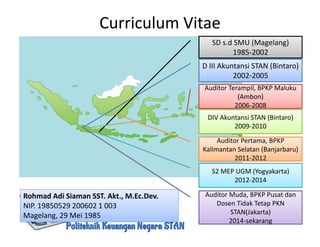 Curriculum Vitae
D III Akuntansi STAN (Bintaro)
2002-2005
SD s.d SMU (Magelang)
1985-2002
Rohmad Adi Siaman SST. Akt., M.Ec.Dev.
NIP. 19850529 200602 1 003
Magelang, 29 Mei 1985
Auditor Terampil, BPKP Maluku
2006-2008
Auditor Terampil, BPKP Maluku
(Ambon)
2006-2008
DIV Akuntansi STAN (Bintaro)
2009-2010
Auditor Pertama, BPKP
2011-2012
Auditor Pertama, BPKP
Kalimantan Selatan (Banjarbaru)
2011-2012
S2 MEP UGM (Yogyakarta)
2012-2014
Auditor Muda, BPKP Pusat dan
2014-sekarang
Auditor Muda, BPKP Pusat dan
Dosen Tidak Tetap PKN
STAN(Jakarta)
2014-sekarang
 