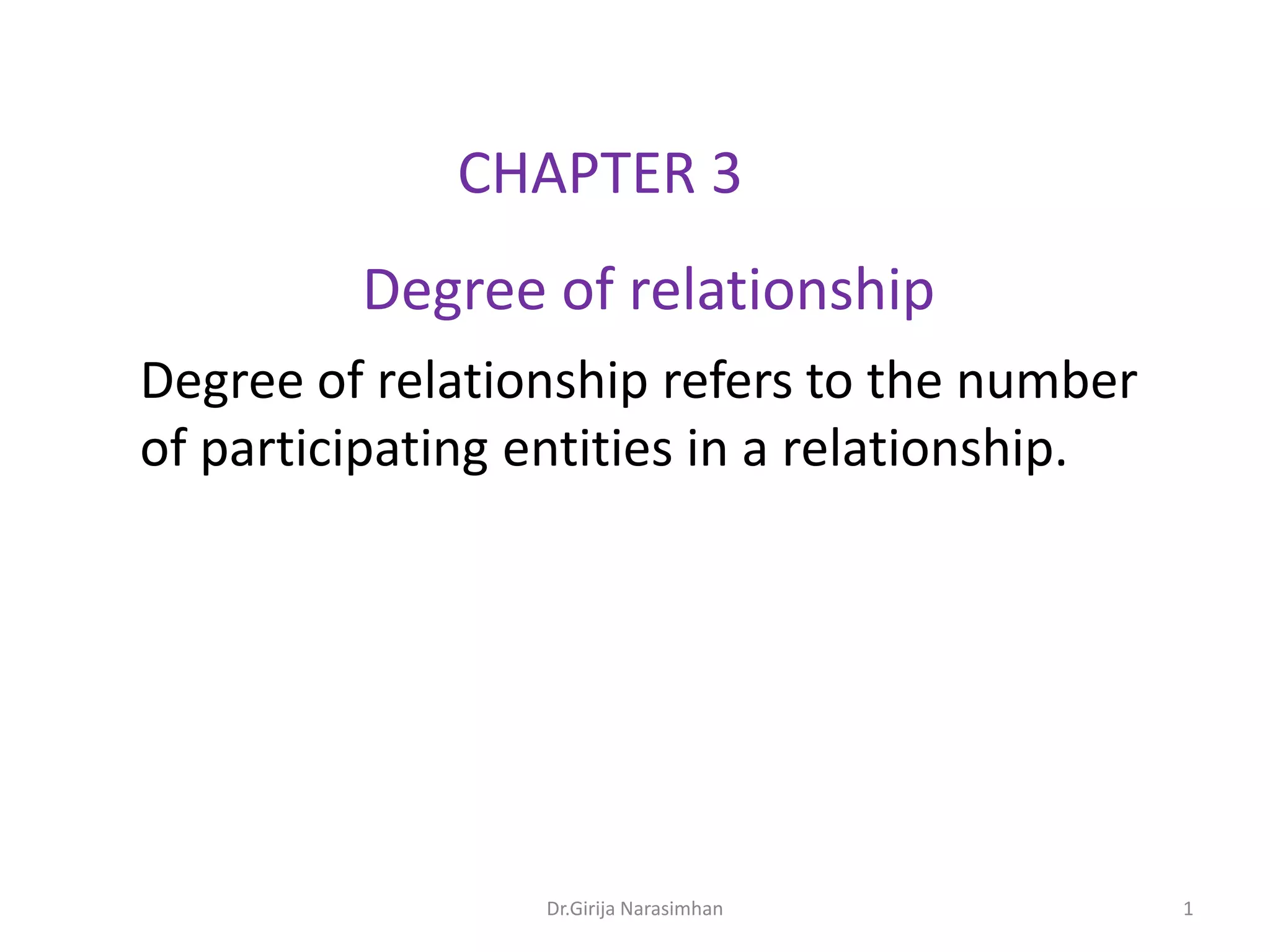 CHAPTER 3

Degree of relationship
Degree of relationship refers to the number
of participating entities in a relationship.

Dr.Girija Narasimhan

1

 