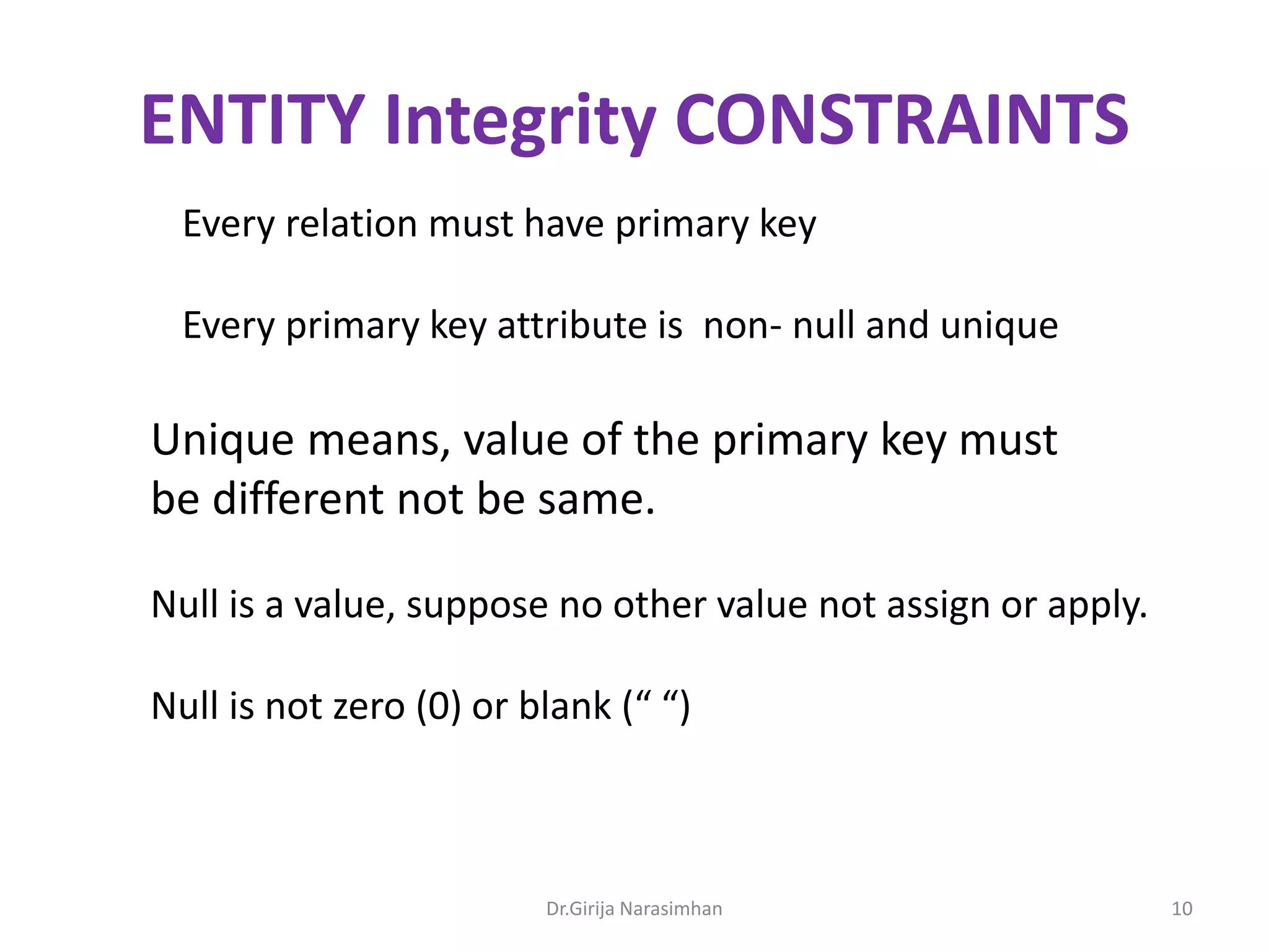 ENTITY Integrity CONSTRAINTS
Every relation must have primary key
Every primary key attribute is non- null and unique

Unique means, value of the primary key must
be different not be same.
Null is a value, suppose no other value not assign or apply.
Null is not zero (0) or blank (“ “)

Dr.Girija Narasimhan

10

 