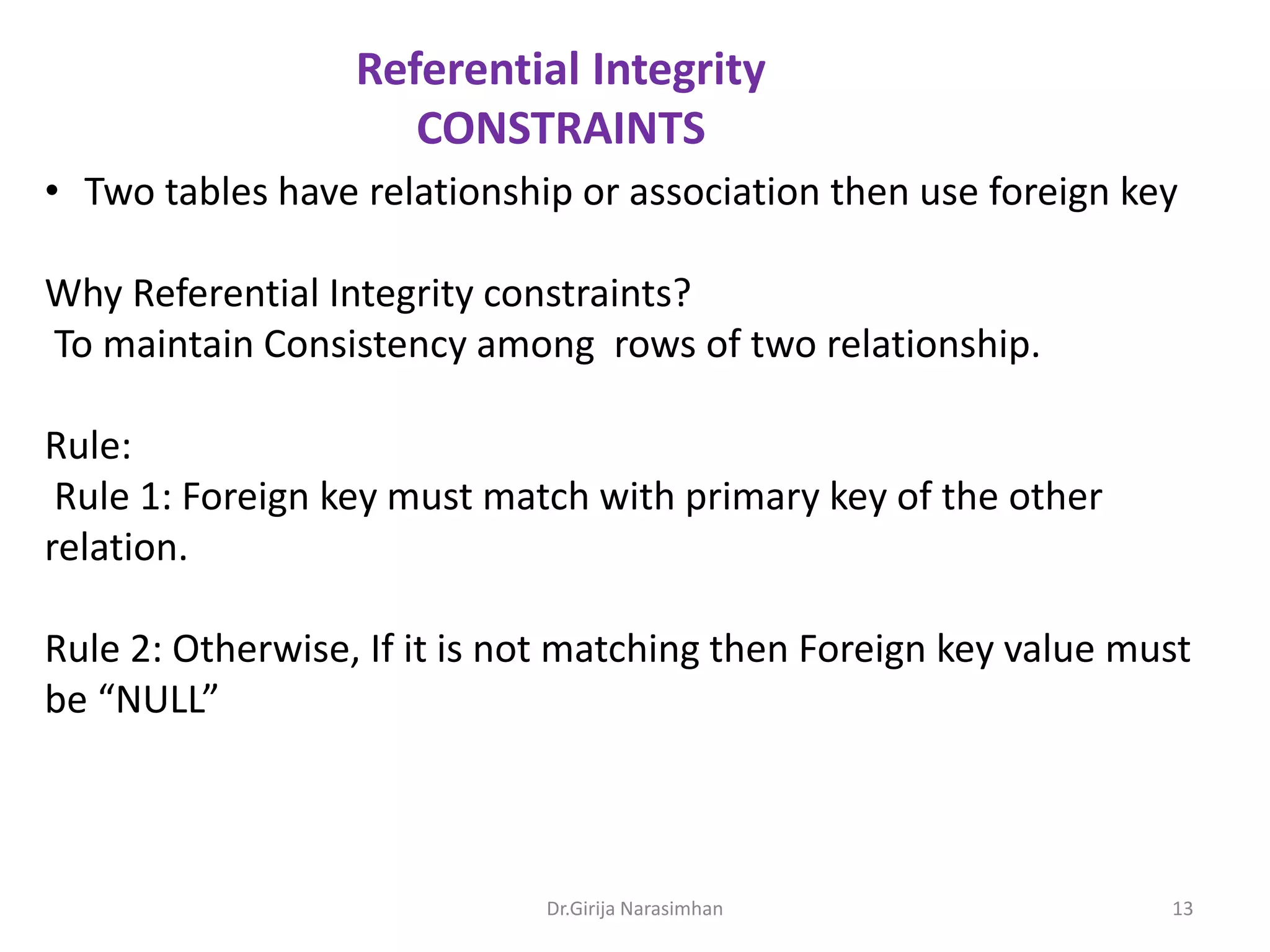 Referential Integrity
CONSTRAINTS
• Two tables have relationship or association then use foreign key
Why Referential Integrity constraints?
To maintain Consistency among rows of two relationship.

Rule:
Rule 1: Foreign key must match with primary key of the other
relation.
Rule 2: Otherwise, If it is not matching then Foreign key value must
be “NULL”

Dr.Girija Narasimhan

13

 
