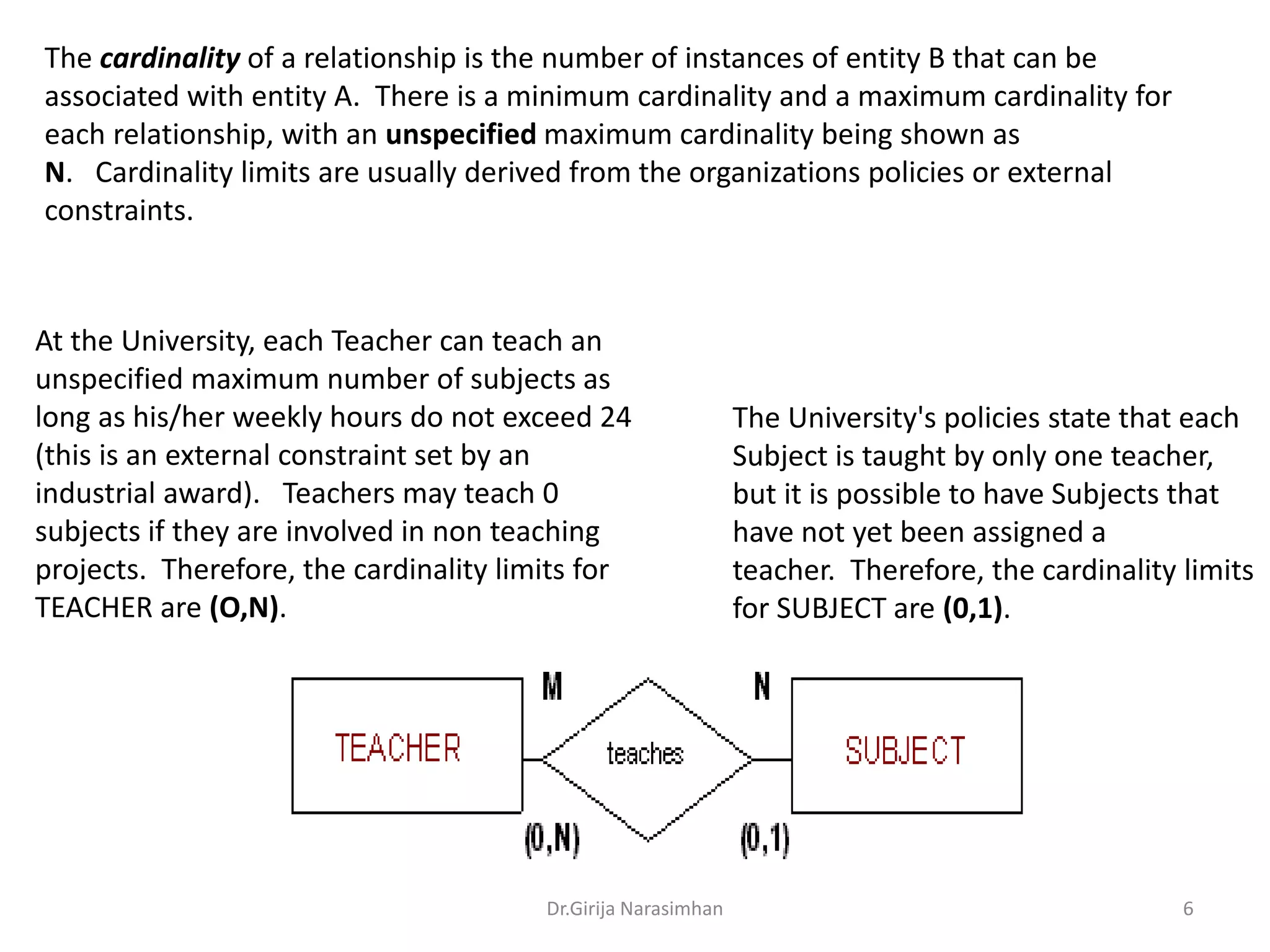 The cardinality of a relationship is the number of instances of entity B that can be
associated with entity A. There is a minimum cardinality and a maximum cardinality for
each relationship, with an unspecified maximum cardinality being shown as
N. Cardinality limits are usually derived from the organizations policies or external
constraints.

At the University, each Teacher can teach an
unspecified maximum number of subjects as
long as his/her weekly hours do not exceed 24
(this is an external constraint set by an
industrial award). Teachers may teach 0
subjects if they are involved in non teaching
projects. Therefore, the cardinality limits for
TEACHER are (O,N).

Dr.Girija Narasimhan

The University's policies state that each
Subject is taught by only one teacher,
but it is possible to have Subjects that
have not yet been assigned a
teacher. Therefore, the cardinality limits
for SUBJECT are (0,1).

6

 