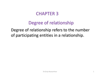 CHAPTER 3

Degree of relationship
Degree of relationship refers to the number
of participating entities in a relationship.

Dr.Girija Narasimhan

1

 
