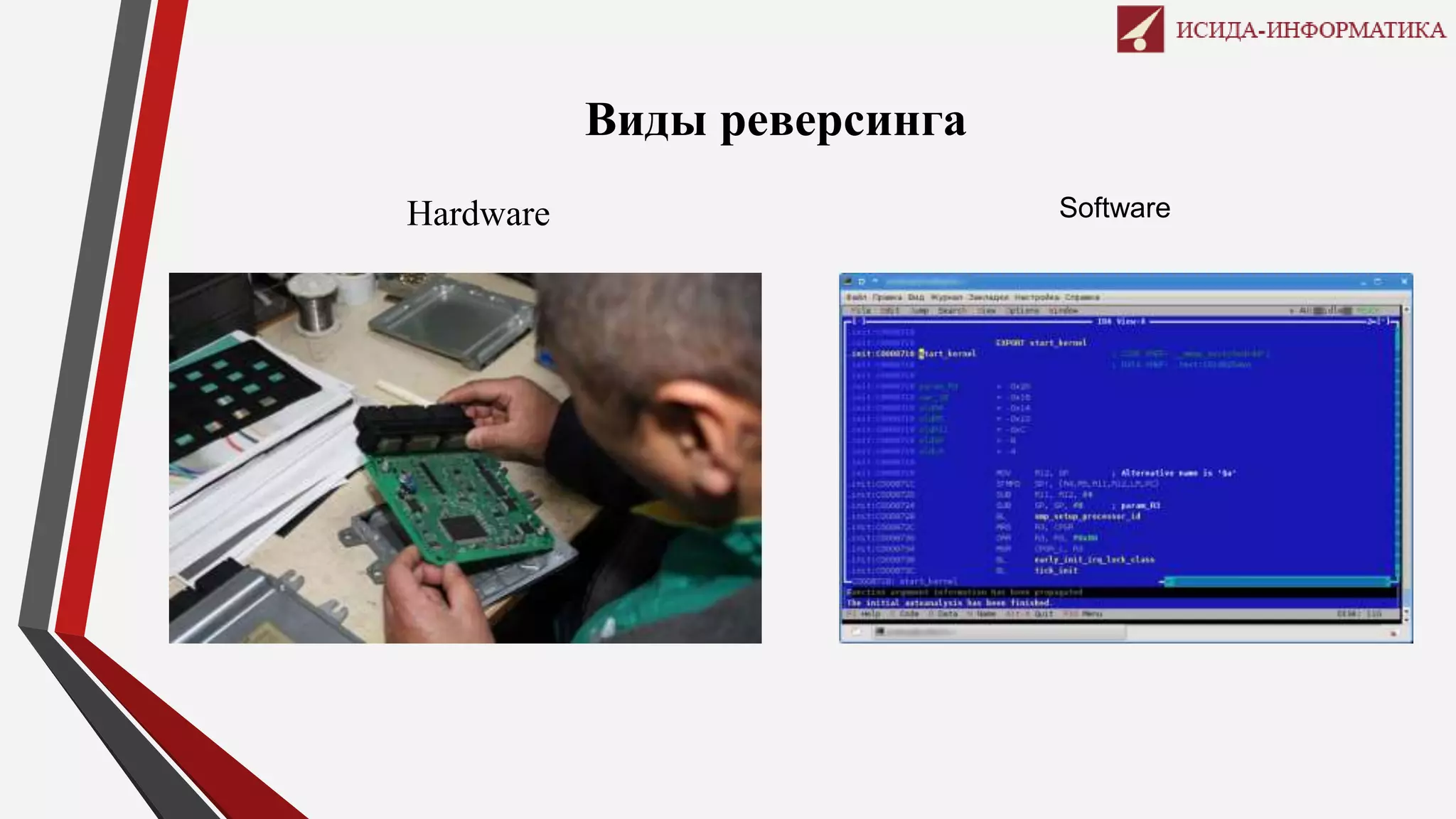 Виды реверсинга
Hardware Software
 