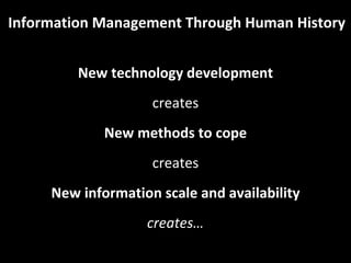 Information Management Through Human History


         New technology development
                    creates
             New methods to cope
                    creates
     New information scale and availability
                   creates…
 