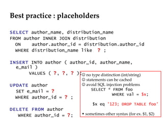 Best practice : placeholders SELECT  author_name, distribution_name FROM author INNER JOIN distribution  ON  author.author_id = distribution.author_id WHERE distribution_name like  ?  ; INSERT  INTO author ( author_id, author_name, e_mail )  VALUES (  ? ,  ? ,  ?  ); UPDATE  author SET e_mail =  ?   WHERE author_id =  ?  ; DELETE FROM  author WHERE author_id =  ? ;    no type distinction (int/string)    statements can be cached    avoid SQL injection problems SELECT * FROM foo  WHERE val =  $x ; $x eq  '123; DROP TABLE foo' sometimes other syntax (for ex. $1, $2) 