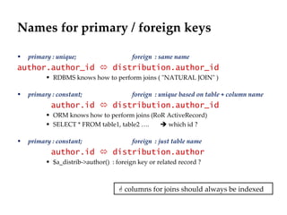 Names for primary / foreign keys primary : unique;  foreign  : same name author.author_id    distribution.author_id RDBMS knows how to perform joins ( "NATURAL JOIN" ) primary : constant;  foreign  : unique based on table + column name author.id    distribution.author_id ORM knows how to perform joins (RoR ActiveRecord) SELECT * FROM table1, table2 ….    which id ? primary : constant;  foreign  : just table name author.id    distribution.author $a_distrib->author()  : foreign key or related record ?     columns for joins should always be indexed  