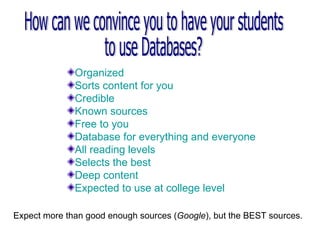 [object Object],[object Object],[object Object],[object Object],[object Object],[object Object],[object Object],[object Object],[object Object],[object Object],Expect more than good enough sources ( Google ), but the BEST sources. How can we convince you to have your students  use Databases? 