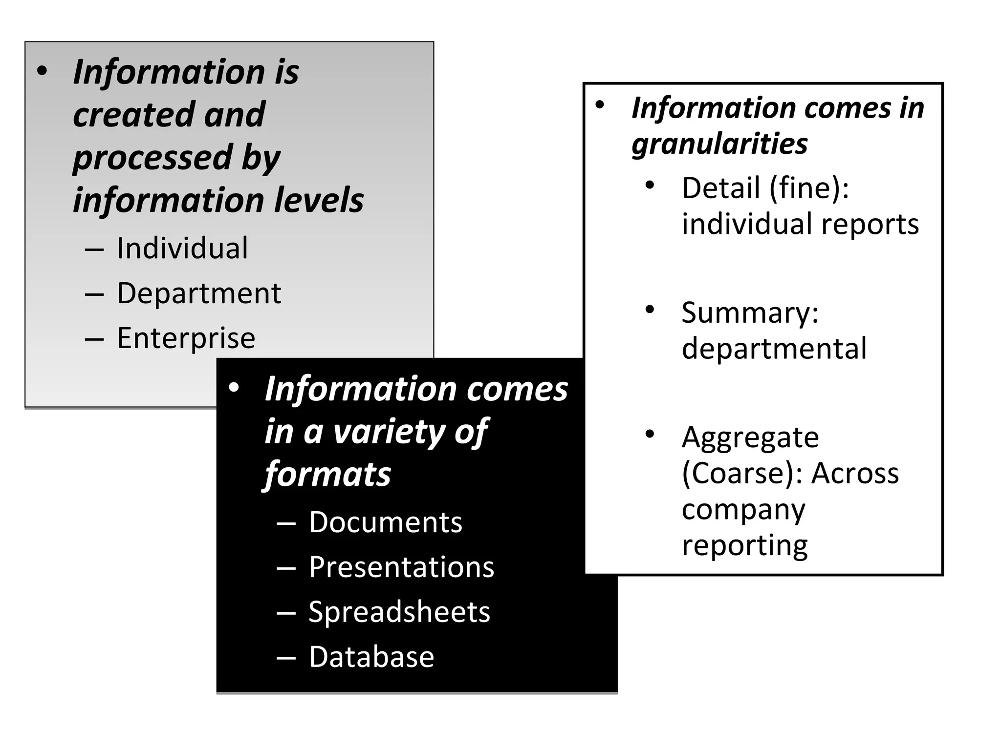 Information is created and processed by information levels Individual Department Enterprise Information comes in a variety of formats Documents Presentations Spreadsheets Database Information comes in granularities Detail (fine): individual reports Summary: departmental Aggregate (Coarse): Across company reporting 