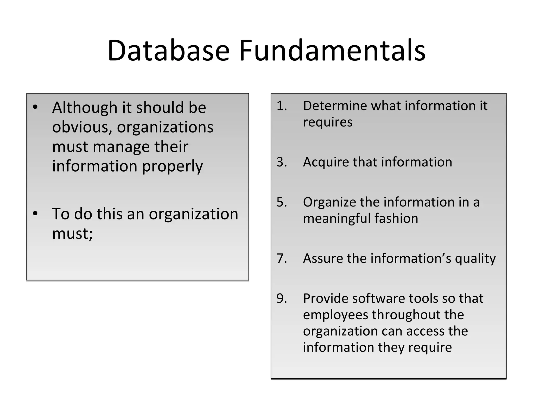 Database Fundamentals Although it should be obvious, organizations must manage their information properly To do this an organization must; Determine what information it requires Acquire that information Organize the information in a meaningful fashion Assure the information’s quality Provide software tools so that employees throughout the organization can access the information they require 