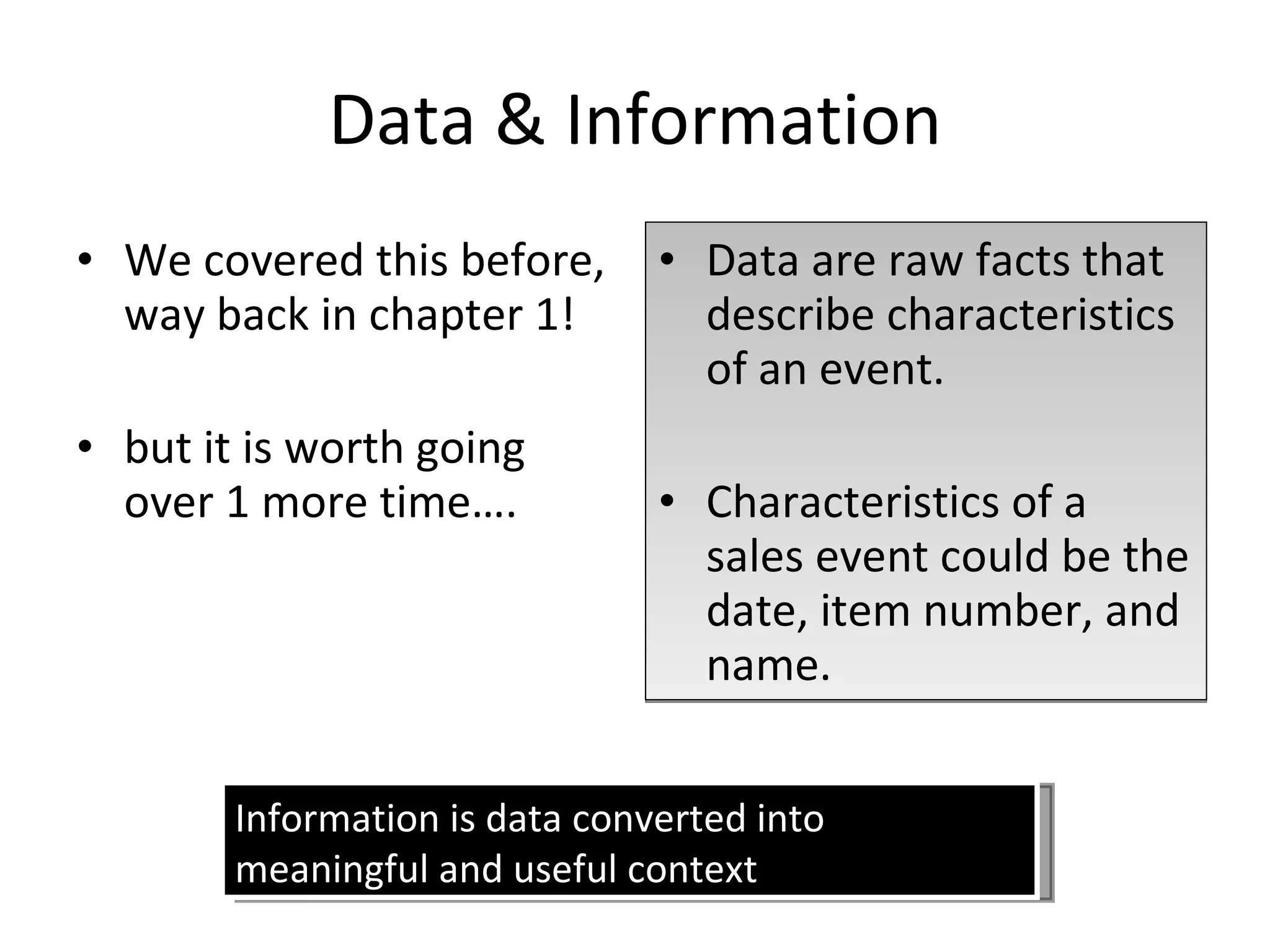 Data & Information We covered this before, way back in chapter 1!  but it is worth going over 1 more time…. Data are raw facts that describe characteristics of an event.  Characteristics of a sales event could be the date, item number, and name. Information is data converted into meaningful and useful context 