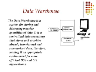 Data Warehouse The  Data Warehouse  is a system for storing and delivering massive quantities of data. It is a centralized data repository that stores and provides already transformed and summarized data, therefore, making it an appropriate environment for more efficient DSS and EIS applications. 