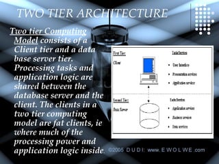 TWO TIER ARCHITECTURE Two tier Computing Model  consists of a  Client tier and a data base server tier. Processing tasks and application logic are shared between the database server and the client. The clients in a two tier computing model are fat clients, ie where much of the processing power and application logic inside . 