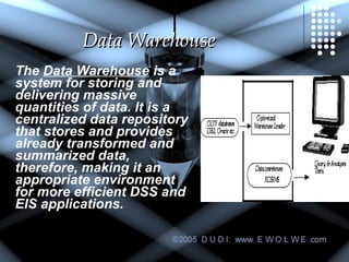 Data Warehouse The  Data Warehouse  is a system for storing and delivering massive quantities of data. It is a centralized data repository that stores and provides already transformed and summarized data, therefore, making it an appropriate environment for more efficient DSS and EIS applications. 