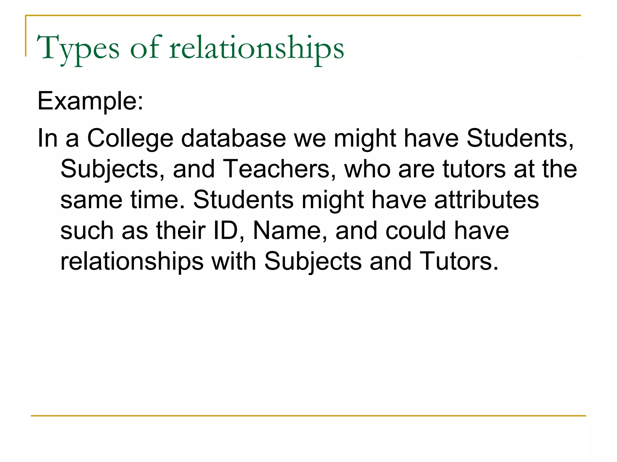 Types of relationships
Example:
In a College database we might have Students,
  Subjects, and Teachers, who are tutors at the
  same time. Students might have attributes
  such as their ID, Name, and could have
  relationships with Subjects and Tutors.
 