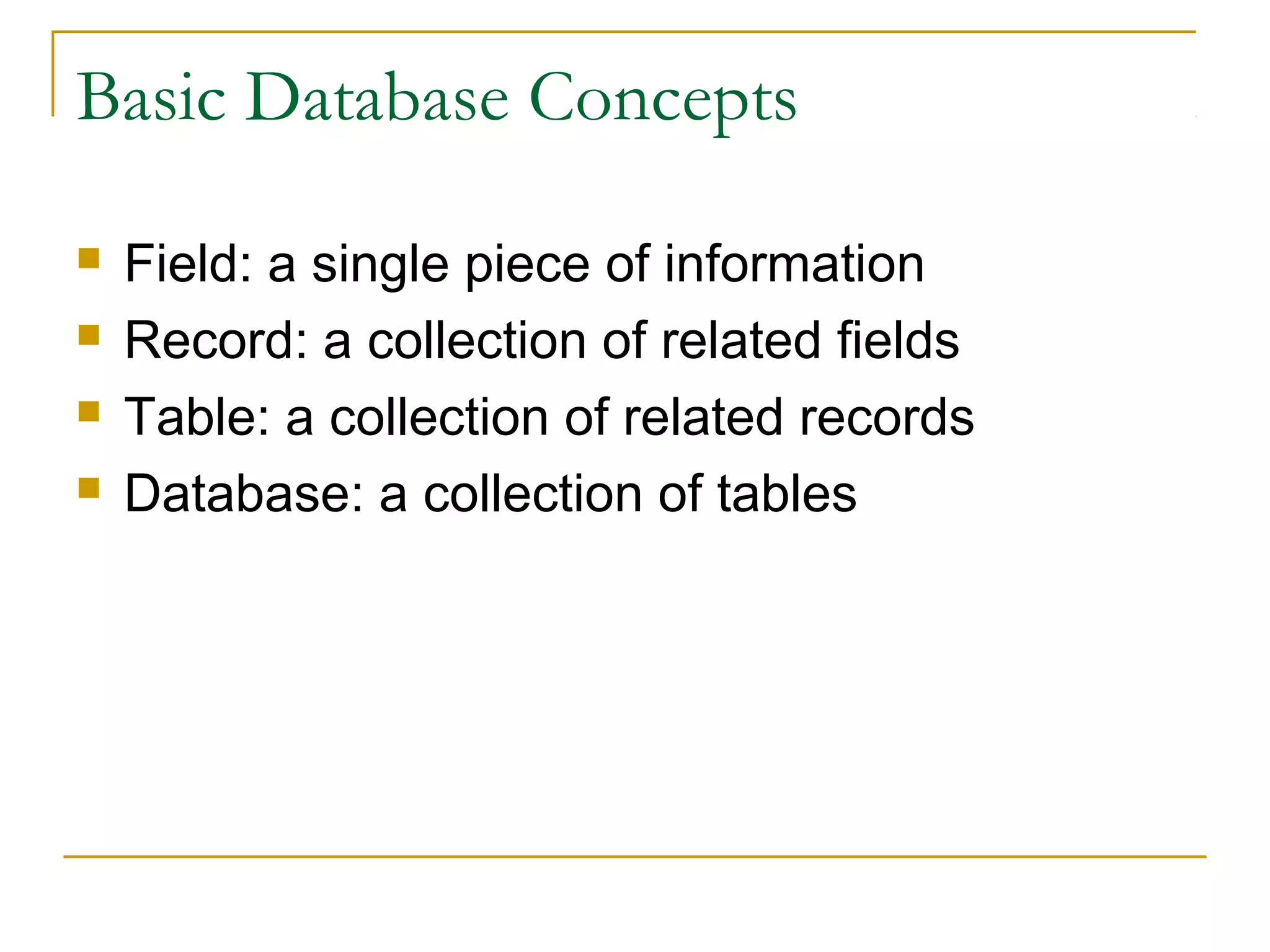 Basic Database Concepts

   Field: a single piece of information
   Record: a collection of related fields
   Table: a collection of related records
   Database: a collection of tables
 