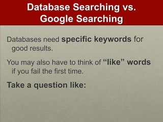 Database Searching vs.
       Google Searching

Databases need specific keywords for
 good results.
You may also have to think of “like” words
 if you fail the first time.
Take a question like:
 