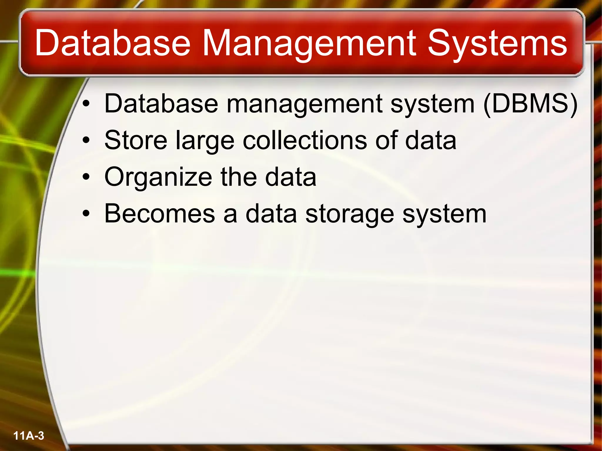 Database Management Systems Database management system (DBMS) Store large collections of data Organize the data Becomes a data storage system 11A- 