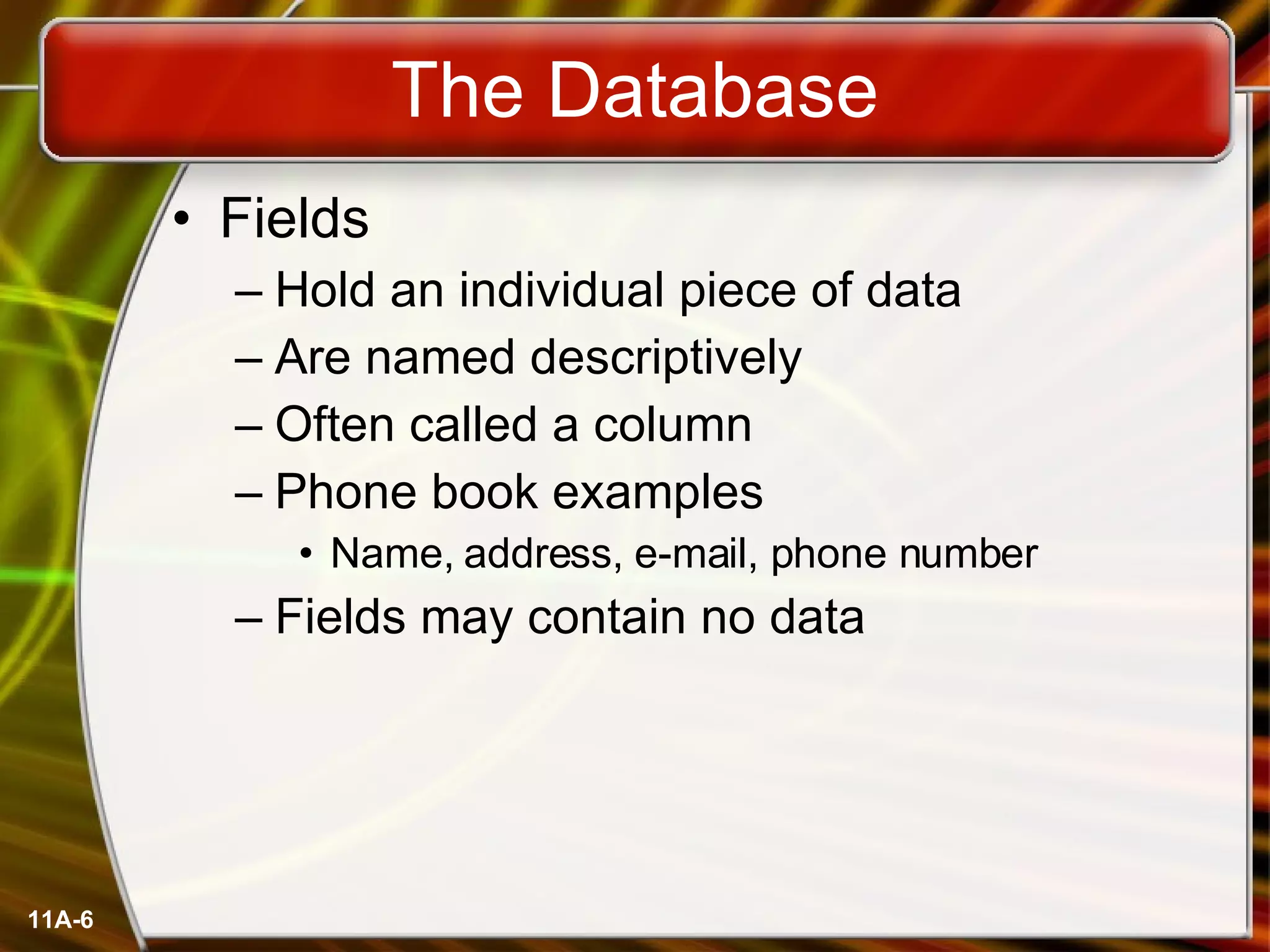 The Database Fields Hold an individual piece of data Are named descriptively Often called a column Phone book examples Name, address, e-mail, phone number Fields may contain no data 11A- 