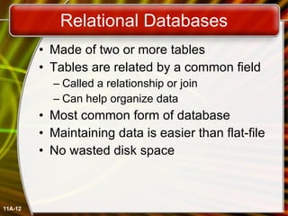 Relational Databases Made of two or more tables Tables are related by a common field Called a relationship or join Can help organize data Most common form of database Maintaining data is easier than flat-file No wasted disk space 11A- 