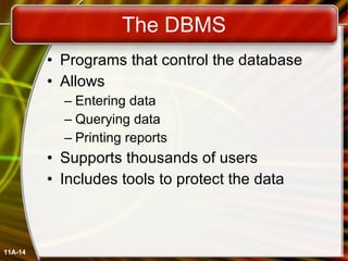 The DBMS Programs that control the database Allows Entering data Querying data Printing reports Supports thousands of users Includes tools to protect the data 11A- 