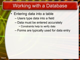 Working with a Database Entering data into a table Users type data into a field Data must be entered accurately Constraints help to verify data Forms are typically used for data entry 11A- 