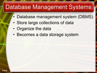 Database Management Systems Database management system (DBMS) Store large collections of data Organize the data Becomes a data storage system 11A- 