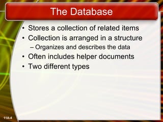 The Database Stores a collection of related items Collection is arranged in a structure Organizes and describes the data Often includes helper documents Two different types 11A- 