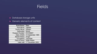 Fields 
 Database storage units 
 Generic elements of content 
 