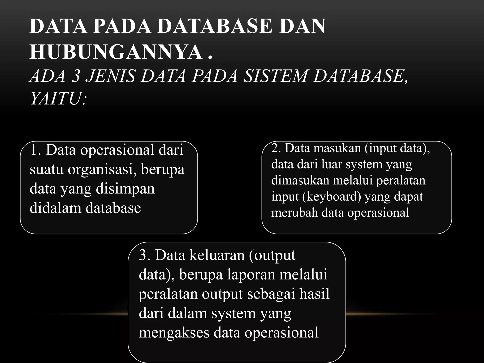 DATA PADA DATABASE DAN
HUBUNGANNYA .
ADA 3 JENIS DATA PADA SISTEM DATABASE,
YAITU:
1. Data operasional dari
suatu organisasi, berupa
data yang disimpan
didalam database
2. Data masukan (input data),
data dari luar system yang
dimasukan melalui peralatan
input (keyboard) yang dapat
merubah data operasional
3. Data keluaran (output
data), berupa laporan melalui
peralatan output sebagai hasil
dari dalam system yang
mengakses data operasional
 