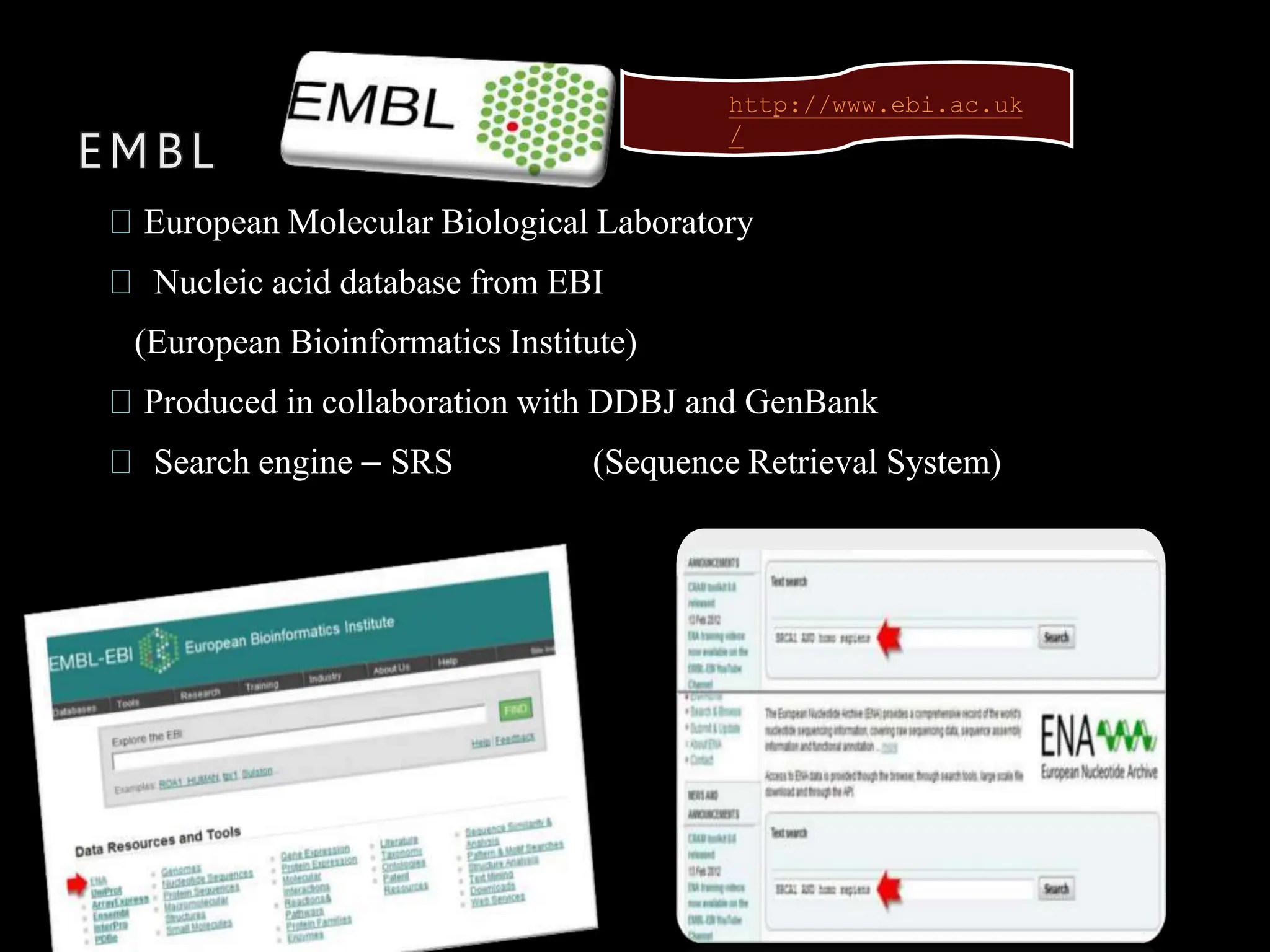 EMBL
European Molecular Biological Laboratory
Nucleic acid database from EBI
(European Bioinformatics Institute)
Produced in collaboration with DDBJ and GenBank
Search engine – SRS (Sequence Retrieval System)
http://www.ebi.ac.uk
/
 