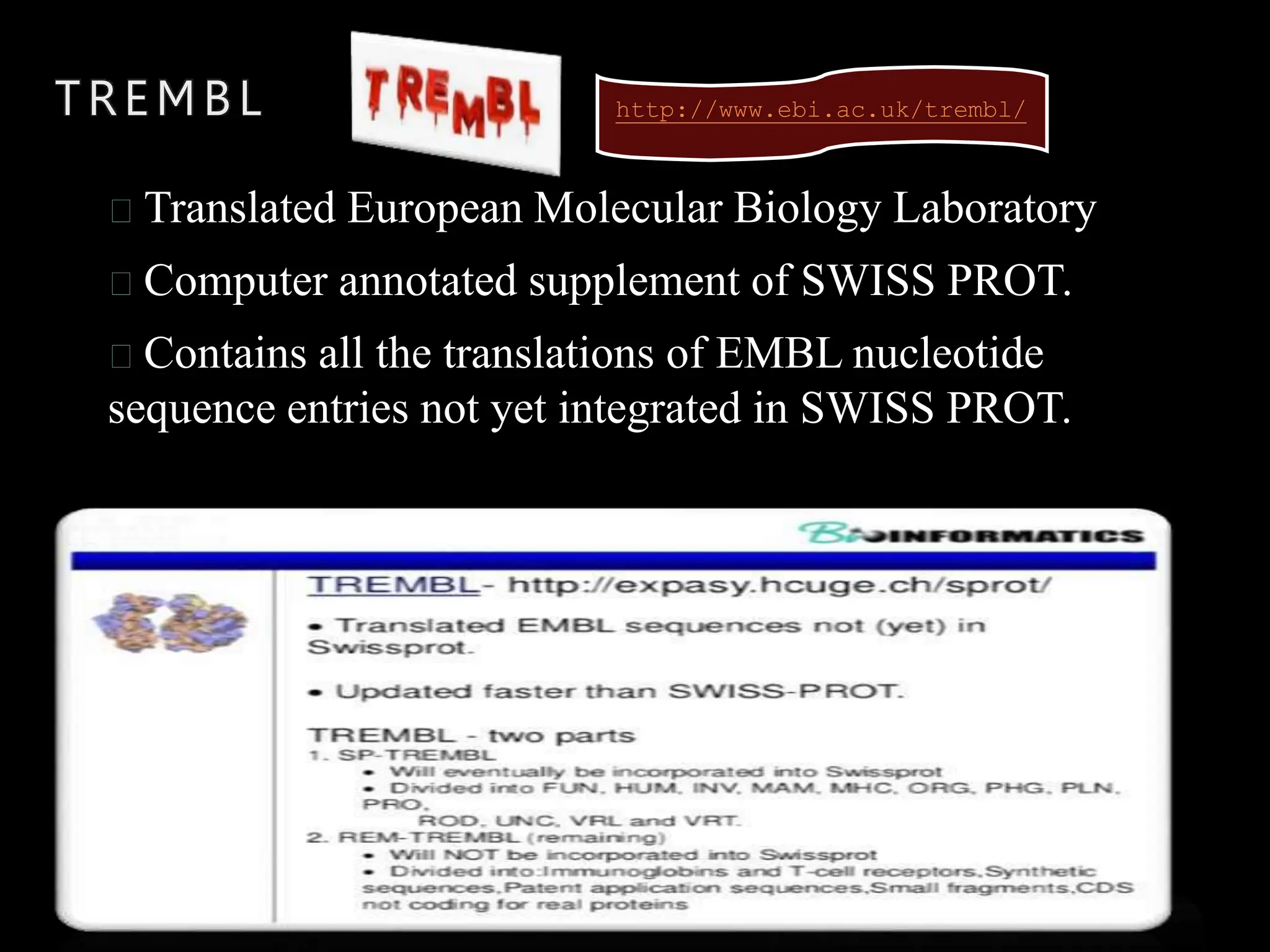 TREMBL
Translated European Molecular Biology Laboratory
Computer annotated supplement of SWISS PROT.
Contains all the translations of EMBL nucleotide
sequence entries not yet integrated in SWISS PROT.
http://www.ebi.ac.uk/trembl/
 