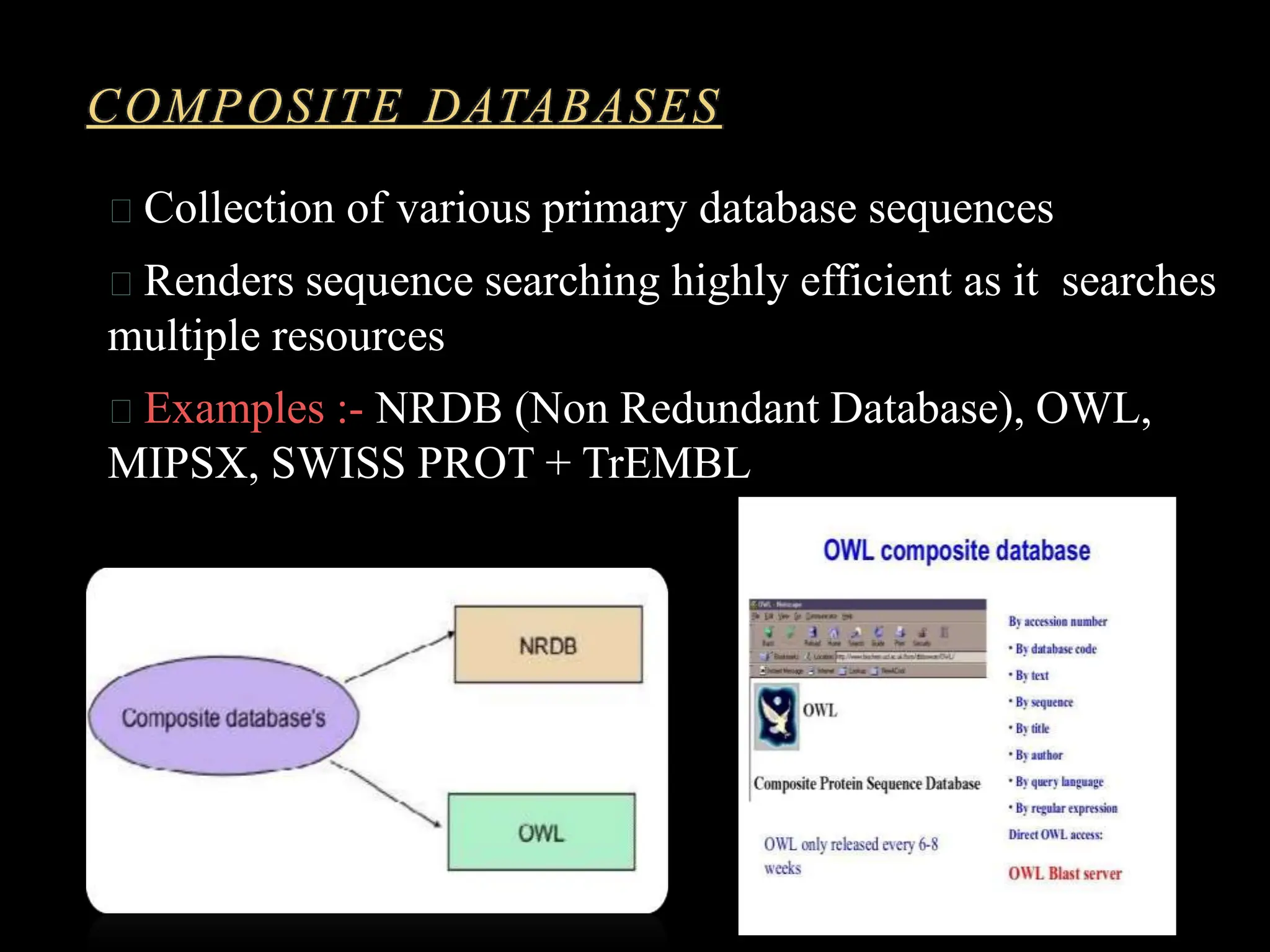 COMPOSITE DATABASES
Collection of various primary database sequences
Renders sequence searching highly efficient as it searches
multiple resources
Examples :- NRDB (Non Redundant Database), OWL,
MIPSX, SWISS PROT + TrEMBL
 